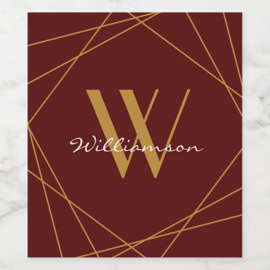 Modern Bourgondisch Monogram Naam Script Geometris Wijn Etiket (Enkel label)