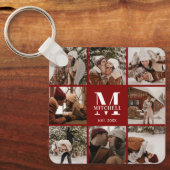 Modern Bourgondisch paar Fotocollage Monogram Gift Sleutelhanger (Voorkant)