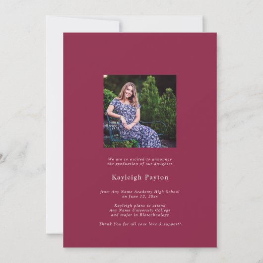 Modern Bourgondisch Script Afstuderen Arch Foto Aankondiging (Achterkant)