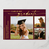 Modern Bourgondisch Script Afstuderen Foto Afstude Folie Uitnodiging (Voorkant)