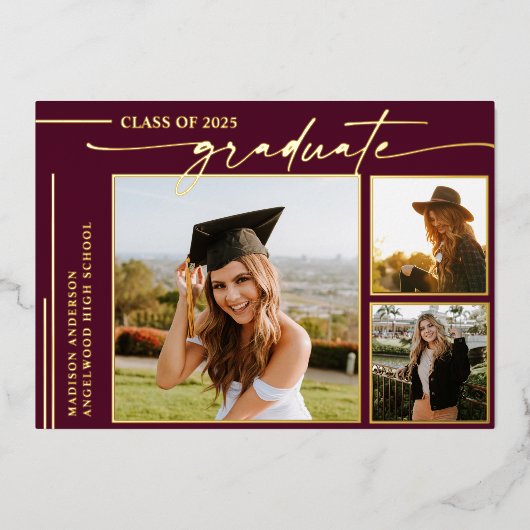 Modern Bourgondisch Script Afstuderen Foto Afstude Folie Uitnodiging (Voorkant)