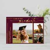 Modern Bourgondisch Script Afstuderen Foto Afstude Folie Uitnodiging (Staand Voorkant)