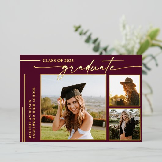 Modern Bourgondisch Script Afstuderen Foto Afstude Folie Uitnodiging (Staand Voorkant)