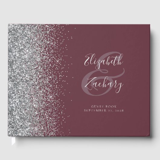 Modern Bourgondisch zilveren glitter script Gastenboek (Voorkant)
