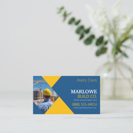 Modern Bouwbedrijf Foto Blauw & Geel Visitekaartje (Staand voorkant)