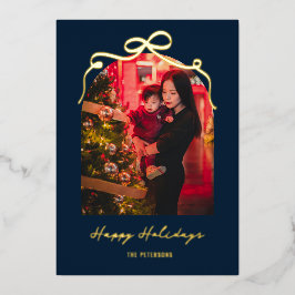 Modern Bow Arch Chic Blue Christmas Photo Gold Folie Feestdagenkaart