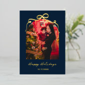 Modern Bow Arch Chic Blue Christmas Photo Gold Folie Feestdagenkaart (Staand Voorkant)