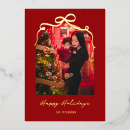 Modern Bow Arch Chic Red Christmas Photo Gold Folie Feestdagenkaart