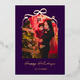 Modern Bow Arch Purple Christmas Photo Rose Gold Folie Feestdagenkaart