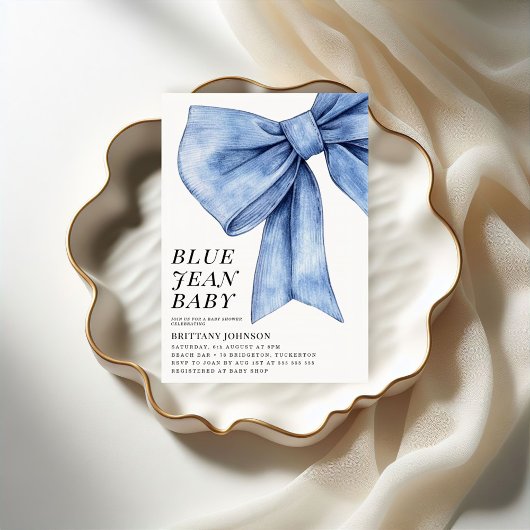 Modern Bow Denim Baby shower Kaart