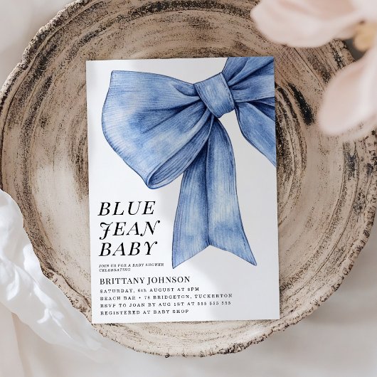Modern Bow Denim Baby shower Kaart