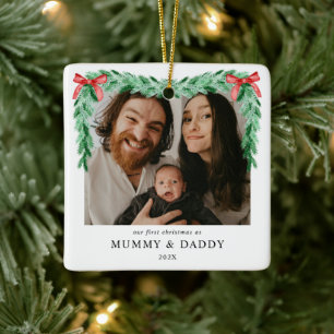 Modern Bow Eerste Kerstmis als mama en papa Foto Keramisch Ornament