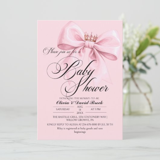 Modern Bow Pink Baby Shower Kaart (Staand voorkant)