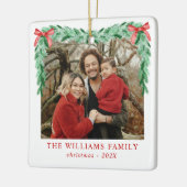 Modern Bow Vrolijk Kerstfeest Familiefoto Keramisch Ornament (Links)