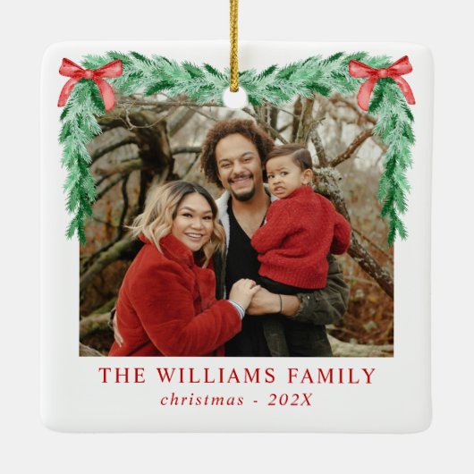 Modern Bow Vrolijk Kerstfeest Familiefoto Keramisch Ornament (Achterkant)