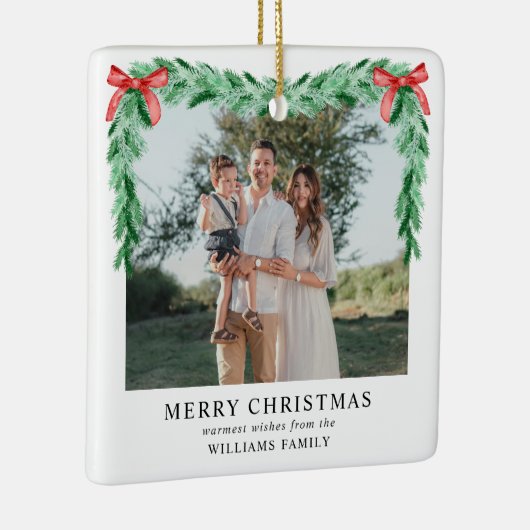 Modern Bow Vrolijk Kerstfeest Familiefoto Keramisch Ornament (Rechts)