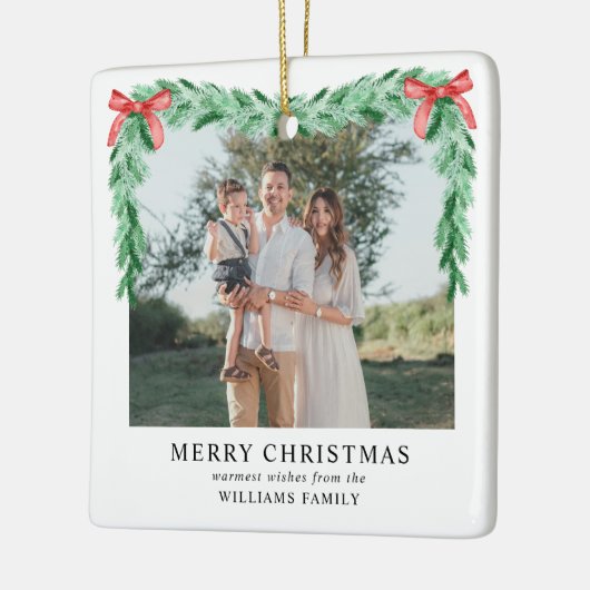 Modern Bow Vrolijk Kerstfeest Familiefoto Keramisch Ornament (Links)
