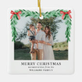 Modern Bow Vrolijk Kerstfeest Familiefoto Keramisch Ornament (Voorkant)