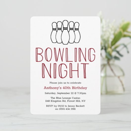 Modern Bowling Night Birthday Party Invitation Kaart (Staand voorkant)