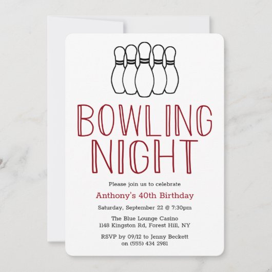 Modern Bowling Night Birthday Party Invitation Kaart (Voorkant)