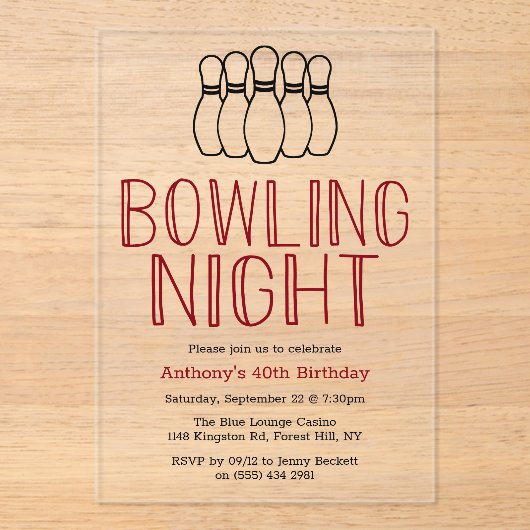 Modern Bowling Night verjaardagsfeestje Acryl Uitnodigingen (Voorkant)