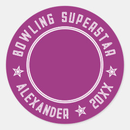 Modern Bowling Superstar Paarse Roze Naam Foto Ronde Sticker