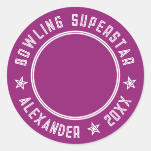 Modern Bowling Superstar Paarse Roze Naam Foto Ronde Sticker