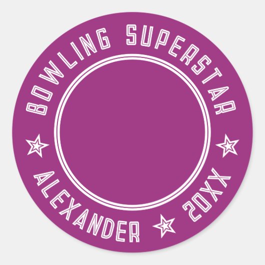 Modern Bowling Superstar Paarse Roze Naam Foto Ronde Sticker (Voorkant)
