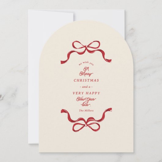 Modern Bows Cream Red Foto kerst boog kaart (Voorkant)