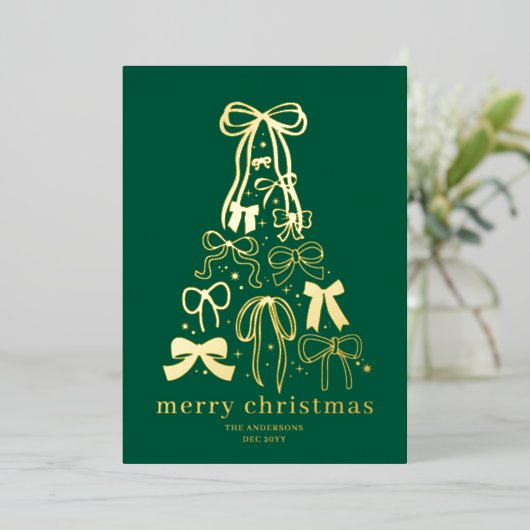 Modern Bows Green Christmas Holiday Gold Foil Kaar Folie Feestdagenkaart (Staand Voorkant)