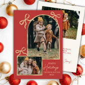 Modern Bows Happy Holidays Arch 3 Family Photo Red Feestdagenkaart