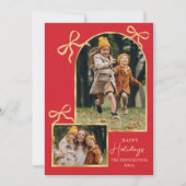 Modern Bows Happy Holidays Arch 3 Family Photo Red Feestdagenkaart (Voorkant)