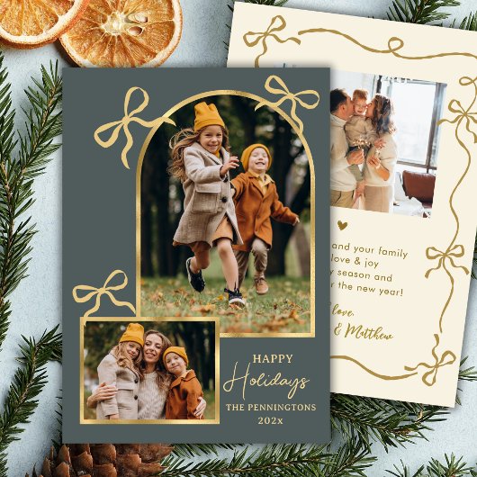 Modern Bows Happy Holidays Arch 3 Photo Green Feestdagenkaart