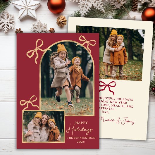 Modern Bows Happy Holidays Arch 3 Photo Red Feestdagenkaart