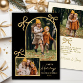 Modern Bows Happy Holidays Gold Arch 3 Photo Black Feestdagenkaart
