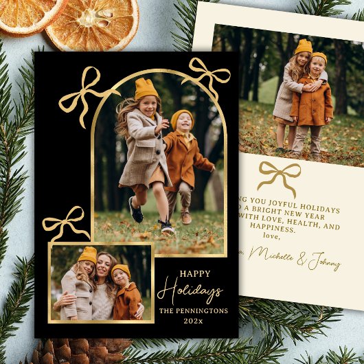 Modern Bows Happy Holidays Gold Arch 3 Photo Black Feestdagenkaart