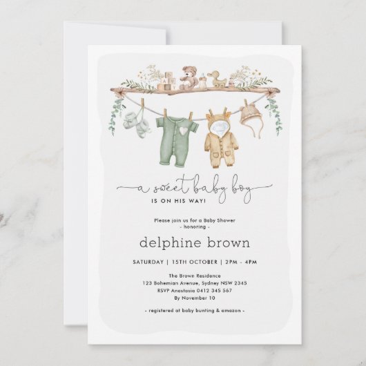 Modern Boy Baby shower Kinderkamer Kleding Uitnodi Kaart (Voorkant)