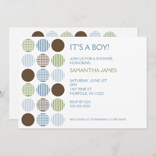 Modern Boy Dot Baby shower nodigt Blue Green Brown Kaart (Voorkant / Achterkant)