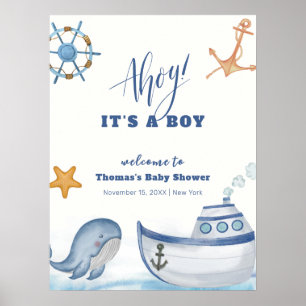 Modern Boy Whale Sailboat Baby shower Welkom Poster