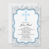 Modern Boys Community Invitation Silver Damask Kaart (Voorkant)