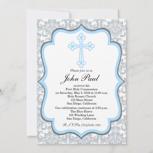 Modern Boys Community Invitation Silver Damask Kaart (Voorkant)