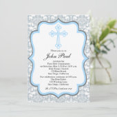 Modern Boys Community Invitation Silver Damask Kaart (Staand voorkant)