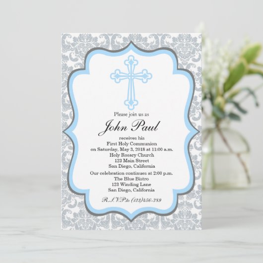 Modern Boys Community Invitation Silver Damask Kaart (Staand voorkant)