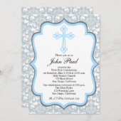 Modern Boys Community Invitation Silver Damask Kaart (Voorkant / Achterkant)