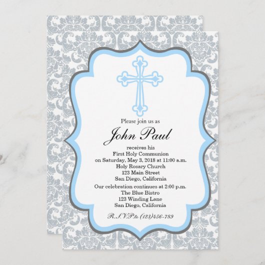 Modern Boys Community Invitation Silver Damask Kaart (Voorkant / Achterkant)