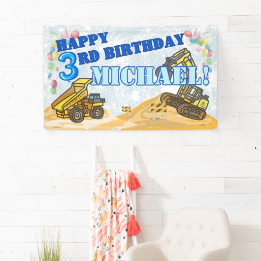 Modern Boys Construction Kind's Verjaardagsfeest Spandoek (Insitu)