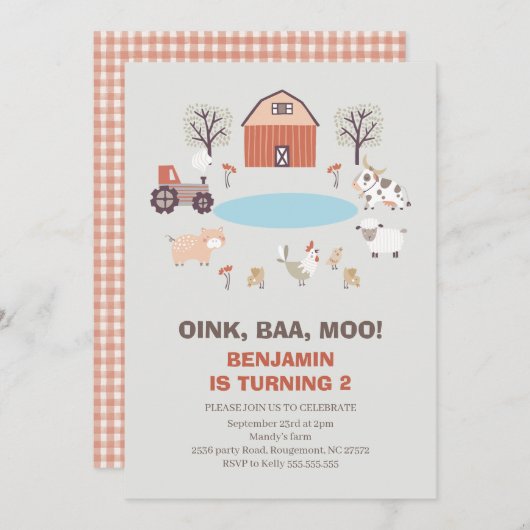 Modern Boys Oink Baa Moo Boerderij Uitnodiging (Voorkant / Achterkant)