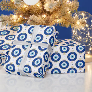Modern Boze Oog Patroon Blauw & Goud Bescherming Cadeaupapier