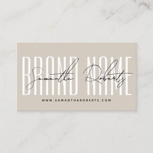 Modern brand name script typography beige klantenkaartje (Voorkant)