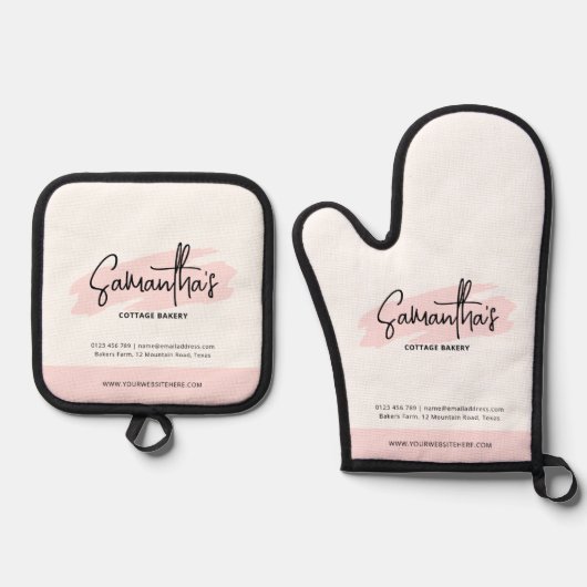 Modern Branded Business Logo Girly Schattige Roze Ovenwant & Pannenlap Set (Voorkant)